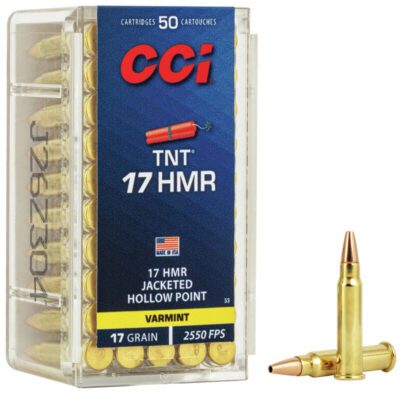 The 17 HMR load offers a flat trajectory and explosive expansion on impact, as well as reliable CCI priming and brass.
