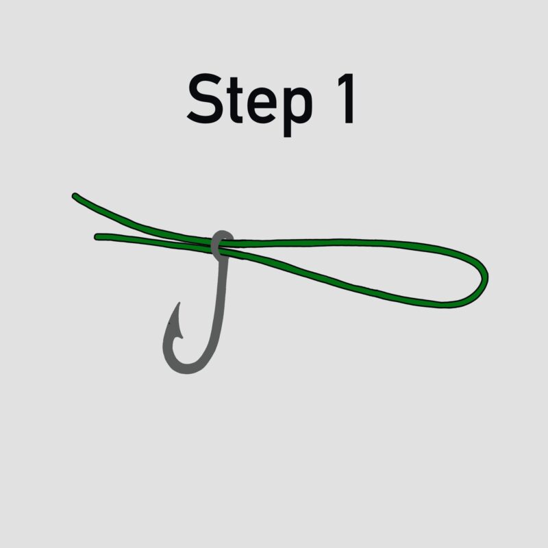 Image of Step 1 of tying a Palomar knot. Pass a small amount of fishing line through the eye of the fish hook.