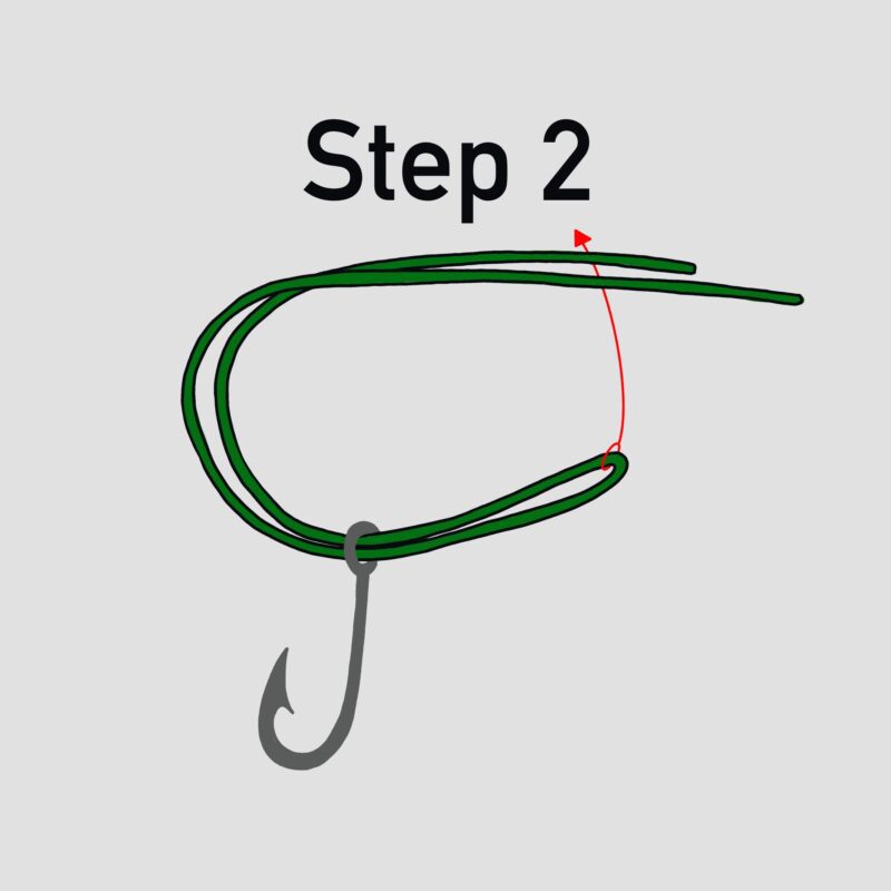 Image of Step 2 of tying a Palomar knot. Pass the new loop behind the line.