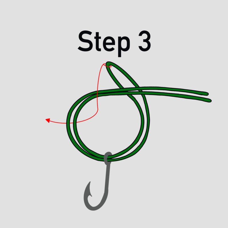 Image of Step 3 of tying a Palomar knot. Wrap the loop end around the straight line and pull it through.