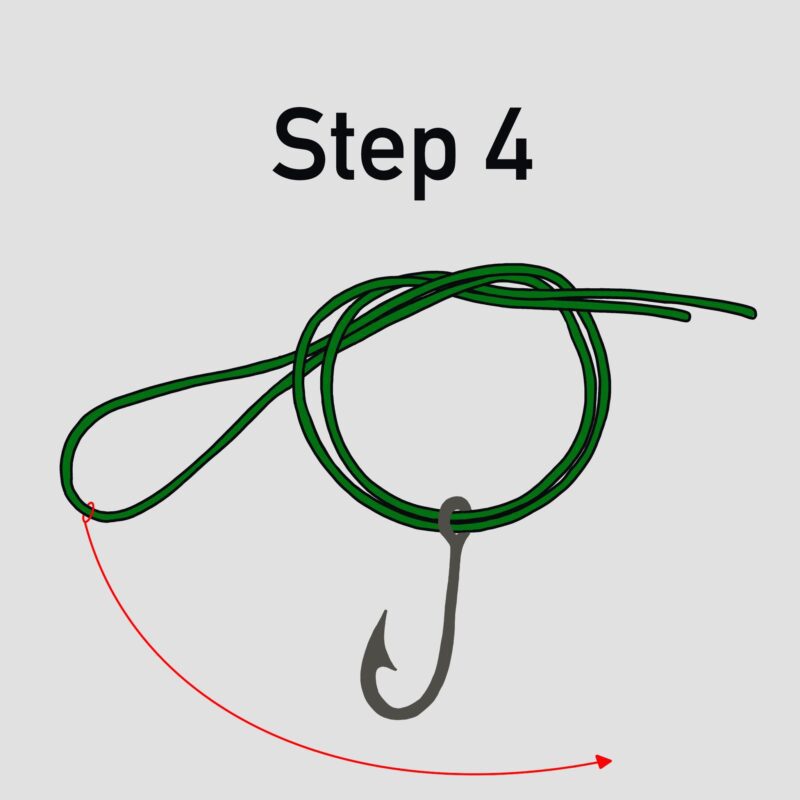Image of Step 4 of tying a Palomar knot. Pass the loop around the hook.