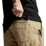 Showcasing the zippered butt-pocket size