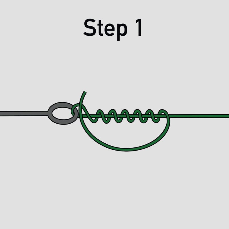 This image shows step 1 and has the end of a fish hook on the left and fishing line being threaded through it on the right.