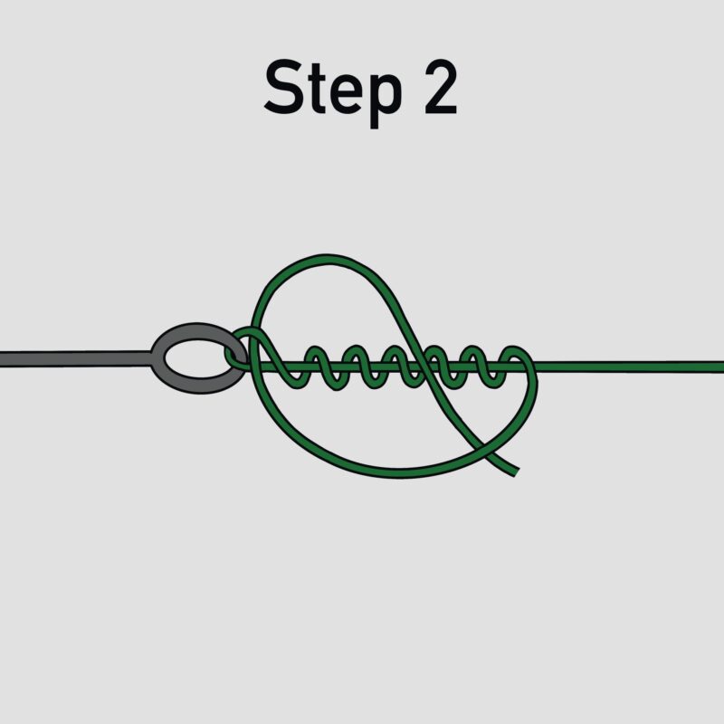 This image shows step two for how to tie a Clinch Knot for fishing.