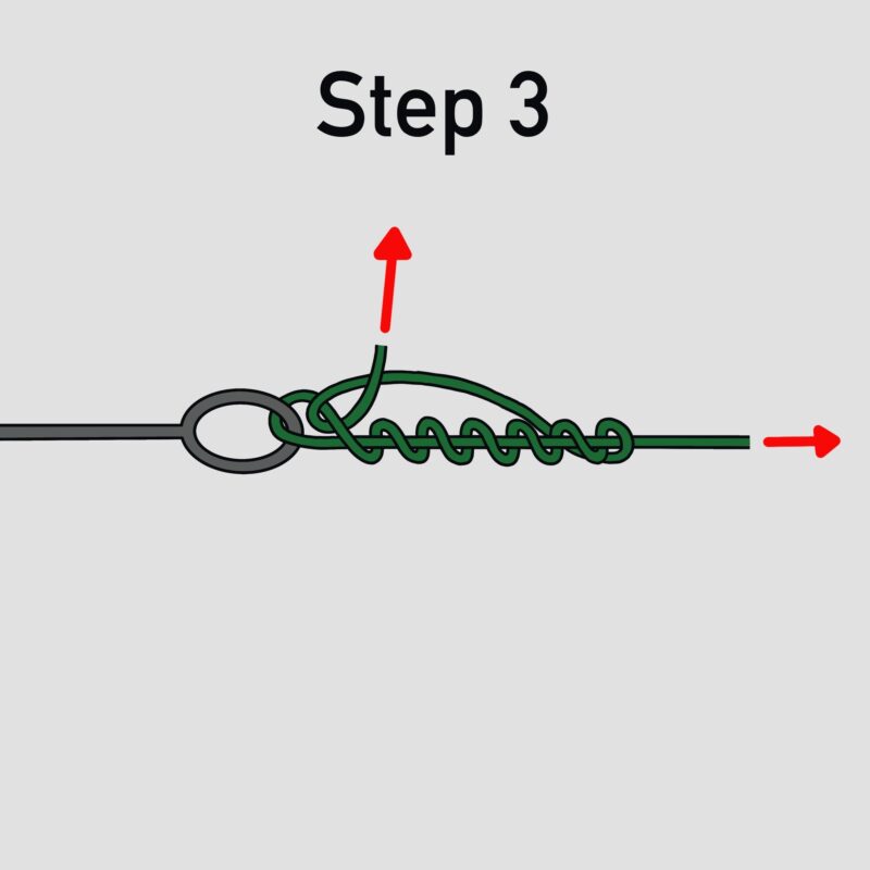 Infographic of Step 3 of tying a clinch knot. Pull on both ends of the fishing line until the knot is tight against the eye of the fish hook.