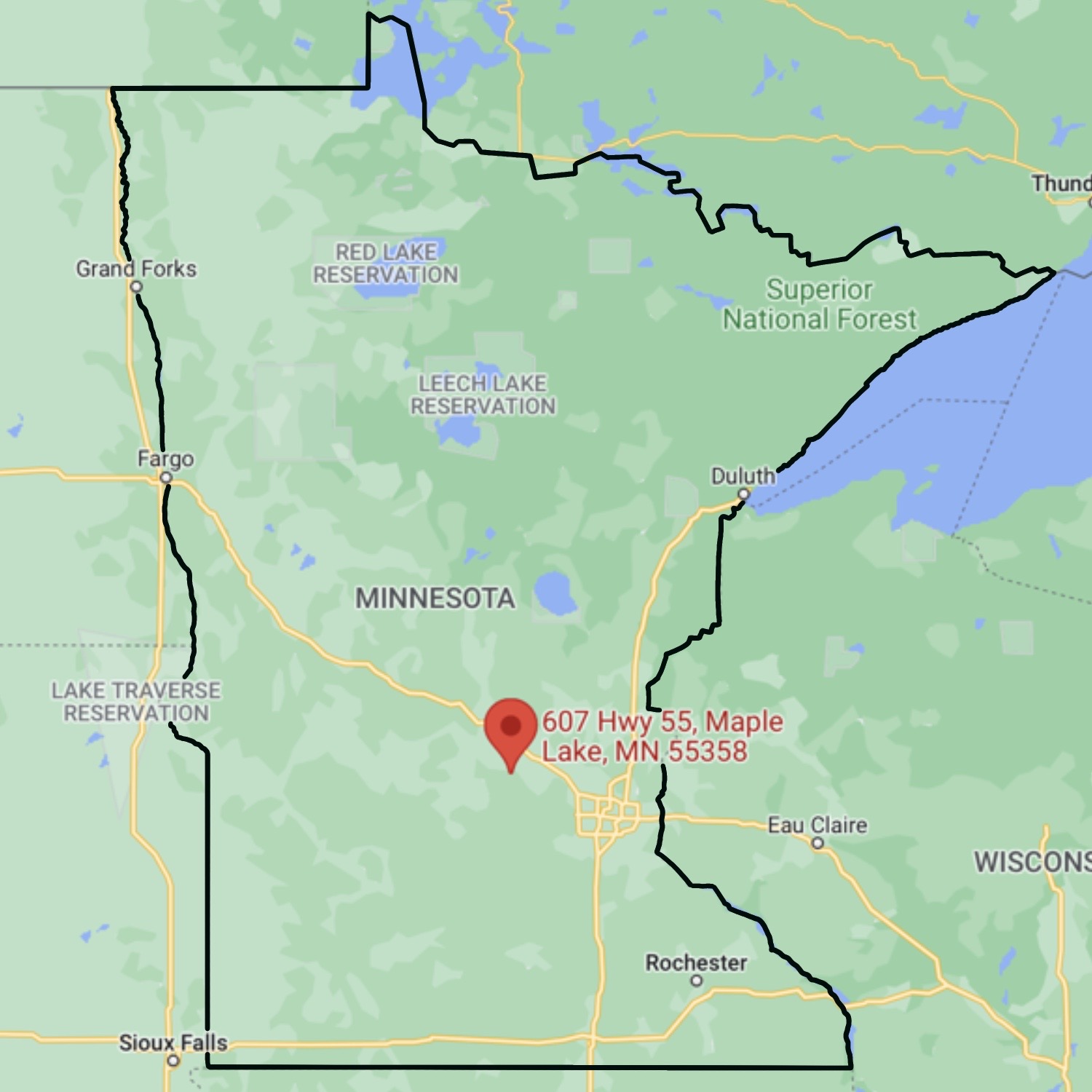 Photo of a map of Minnesota with a pin where H&H Sport Shop is located. 607 Hwy 55 E Maple Lake, MN 55358