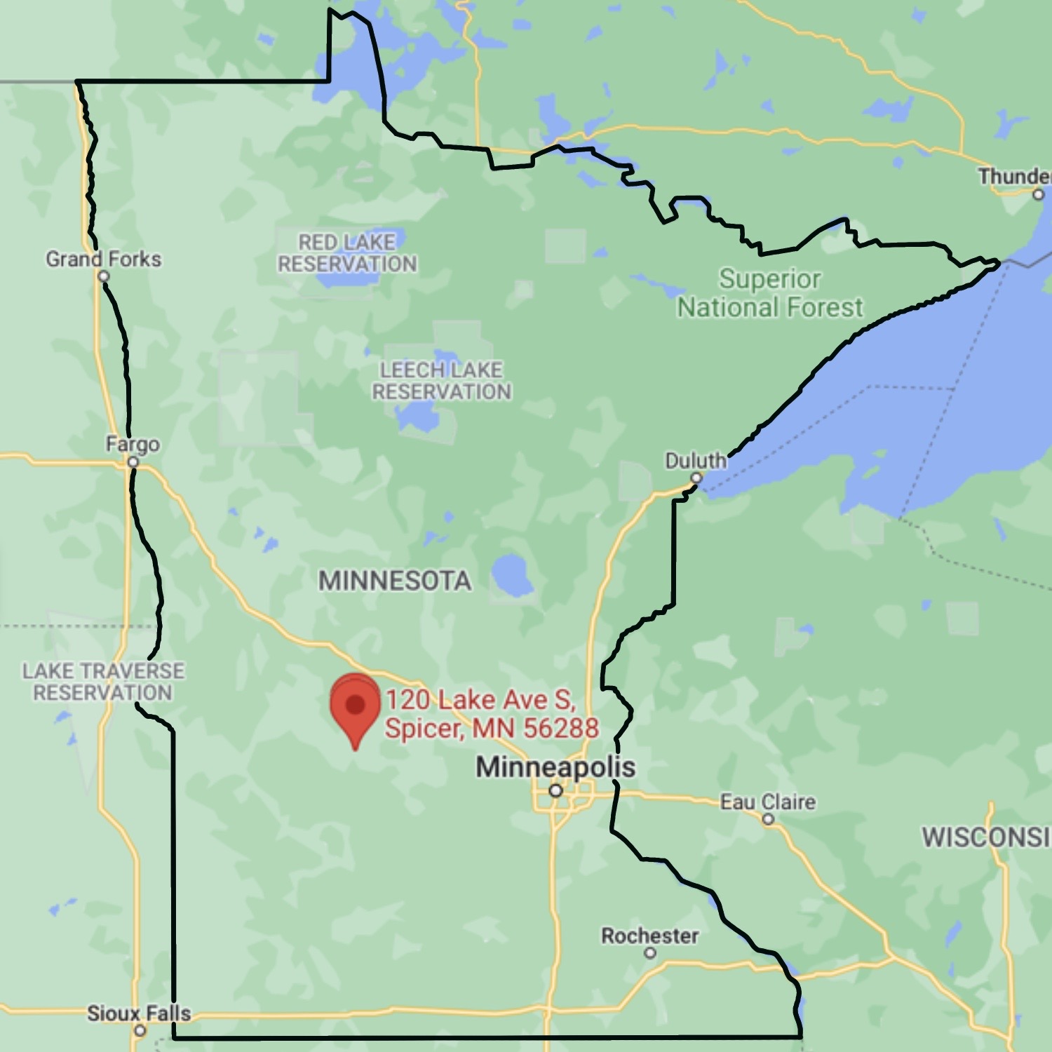 Photo of the map of Minnesota with a pin where Mel's Sport Shop is located. 120 Lake Ave S. Spicer, MN 56288