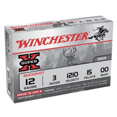 Front of Box Winchester Super-X 12GA, 3" Lead, 15 Pellets, 00 Buck Shot, 5 Rd Box (XB12300)
