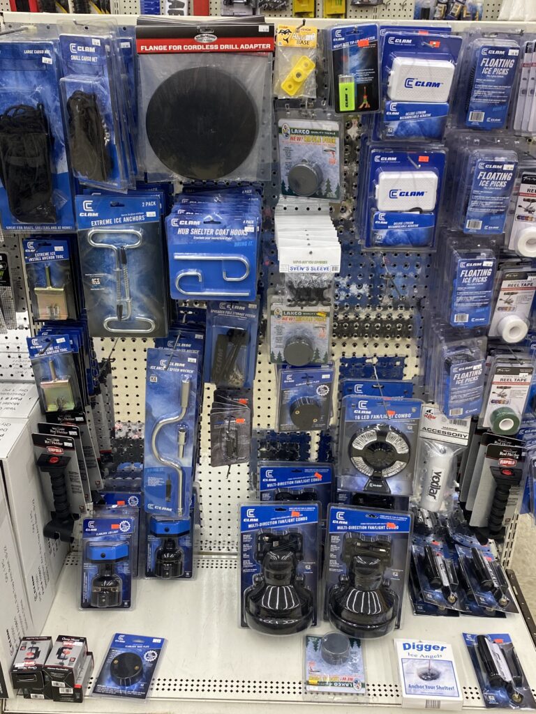 Display selection of Ice Fishing Tools available in stock.