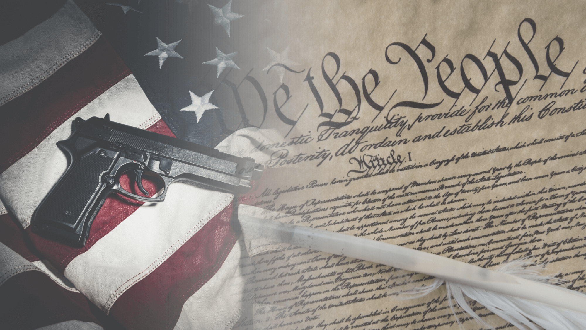 Illustrated image featuring the US Constitution with a handgun and American flag