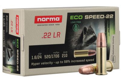 Norma Eco Speed-22 Ammunition 22 Long Rifle 24 Grain Copper Plated Zinc Flat Nose Lead Free