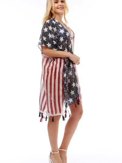 American USA Flag Beach Cover Up Poncho W Fringes